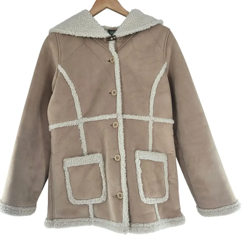 L.L.Bean Girls Vintage Tan Faux Suede Sherpa Lined Hooded Winter Coat XL - Picture 2 of 11